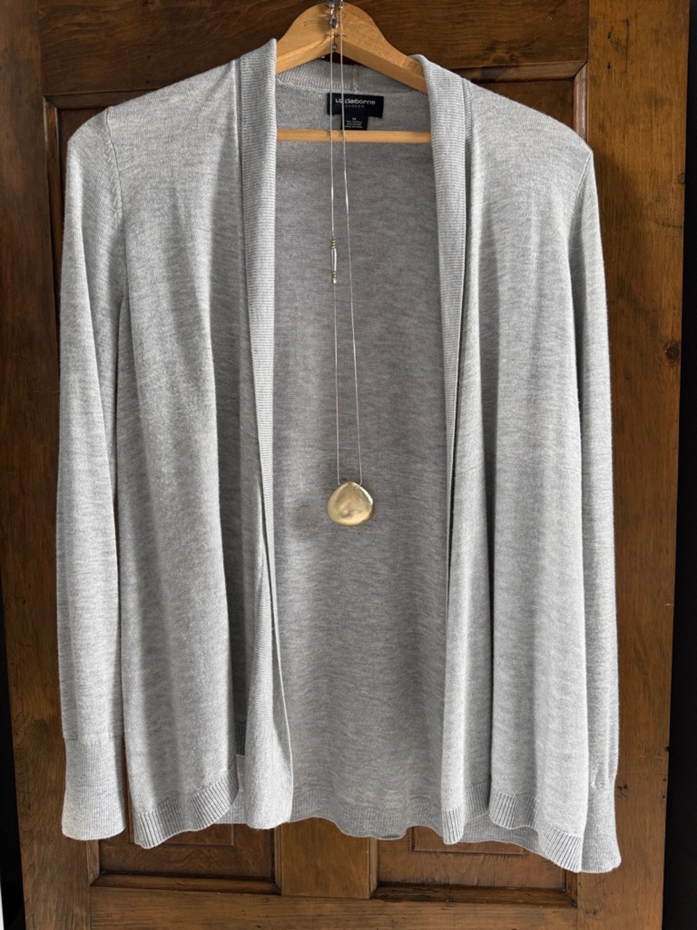 Liz Claiborne Heather Gray Open-Front Cardigan with Chicos Necklace